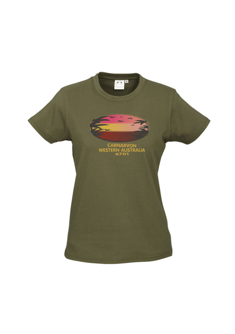Khaki fitted short sleeve t shirt.  Text in gold Carnarvon, Westerm Australia.  Graphic of palm trees and birds in silhouette against a sunset.