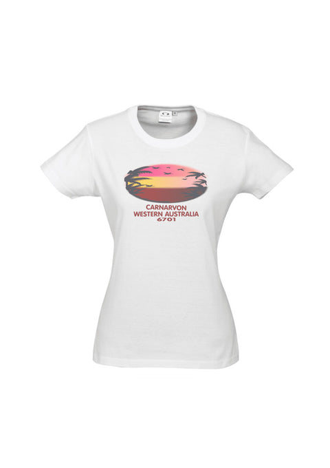 White fitted short sleeve t shirt.  Text in red Carnarvon, Westerm Australia.  Graphic of palm trees and birds in silhouette against a sunset.
