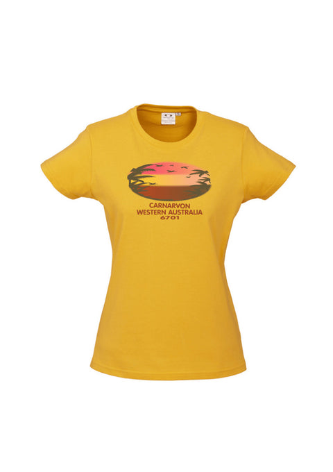 Golden Yellow fitted short sleeve t shirt.  Text in red Carnarvon, Westerm Australia.  Graphic of palm trees and birds in silhouette against a sunset.