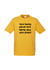 Yellow Short Sleeve T Shirt.  Graphic in black.  Think Flexibly repeated in 4 lines written in all directions..
