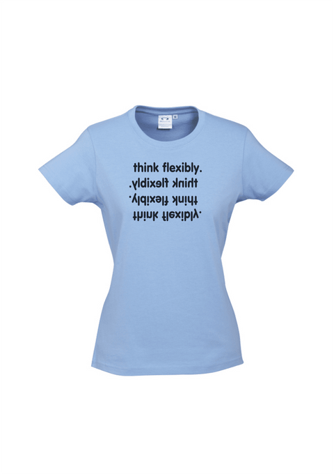 Blue fitted short sleeve t shirt.  Graphic in black.  Think Flexibly repeated in 4 lines written in all directions..