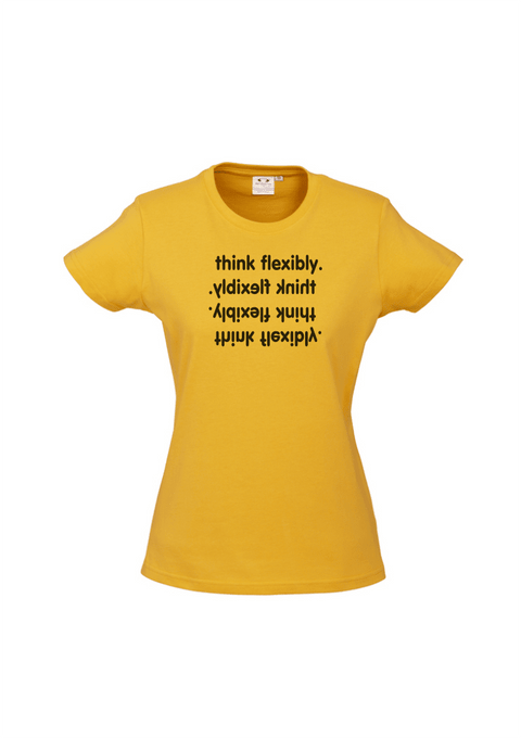 Yellow fitted short sleeve t shirt.  Graphic in black.  Think Flexibly repeated in 4 lines written in all directions..