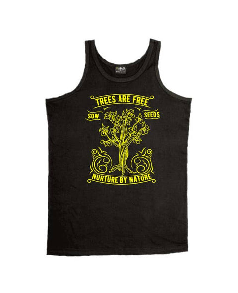 Black Singlet T Shirt. Design in yellow. Graphic of an outline of a tree with the text Trees are Free, Sow Seeds, Nurture by Nature.