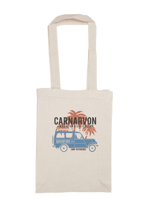 Long Handle Calico Bag, natural colour.  Graphic of a Troop Carrier with Palm Trees.  Text reads Carnarvon, Western Australia Camp Responsibly.