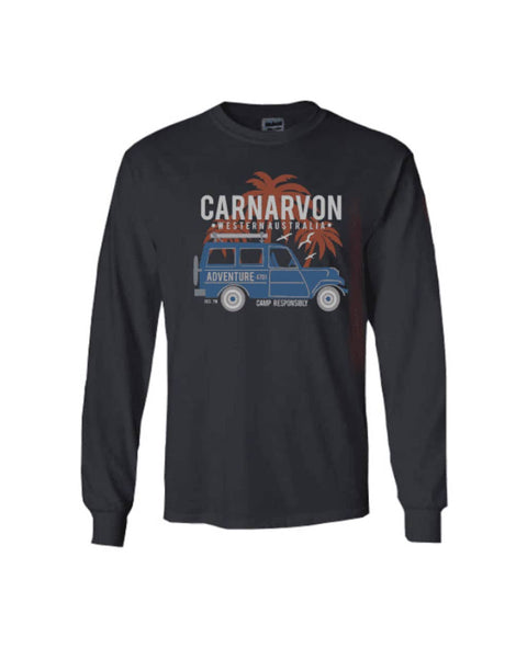 Black Long Sleeve T Shirt.  Graphic of a Troop Carrier vehicle with Palm Trees.  Text reads Carnarvon, Western Australia Camp Responsibly.