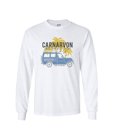 White Long Sleeve T Shirt.  Graphic of a Troop Carrier vehicle with Palm Trees.  Text reads Carnarvon, Western Australia Camp Responsibly.