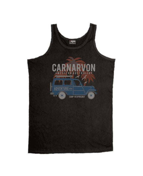 Black Singlet T Shirt.  Graphic of a Troop Carrier vehicle with Palm Trees.  Text reads Carnarvon, Western Australia Camp Responsibly.