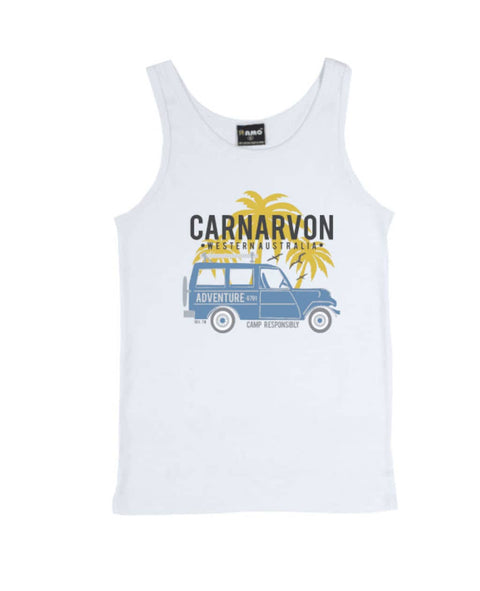 White Singlet T Shirt.  Graphic of a Troop Carrier vehicle with Palm Trees.  Text reads Carnarvon, Western Australia Camp Responsibly.
