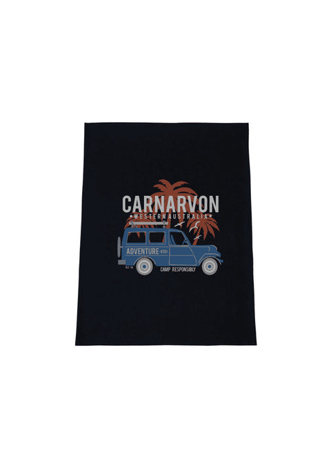 Black Tea Towel.  Graphic of a Troop Carrier vehicle with Palm Trees.  Text reads Carnarvon, Western Australia Camp Responsibly.