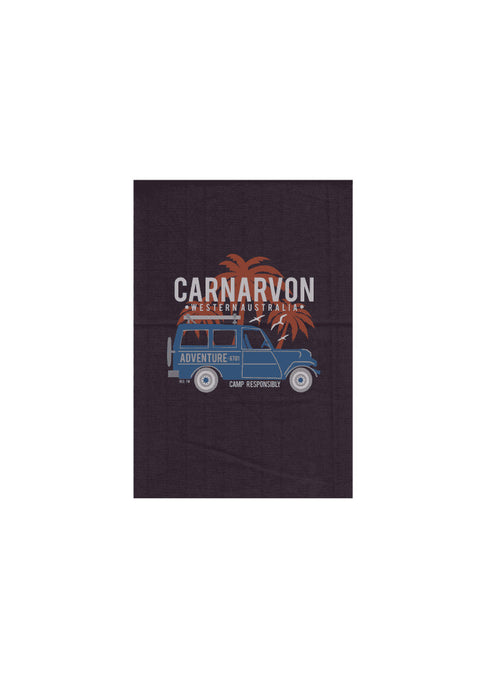 Grey Tea Towel.  Graphic of a Troop Carrier vehicle with Palm Trees.  Text reads Carnarvon, Western Australia Camp Responsibly.