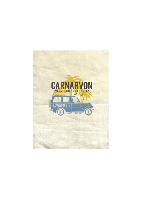 Natural Colour Tea Towel.  Graphic of a Troop Carrier vehicle with Palm Trees.  Text reads Carnarvon, Western Australia Camp Responsibly.