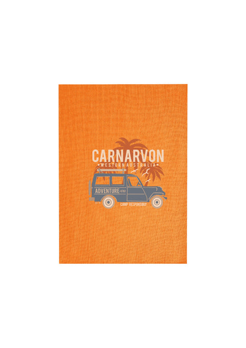 Orange Tea Towel.  Graphic of a Troop Carrier vehicle with Palm Trees.  Text reads Carnarvon, Western Australia Camp Responsibly.