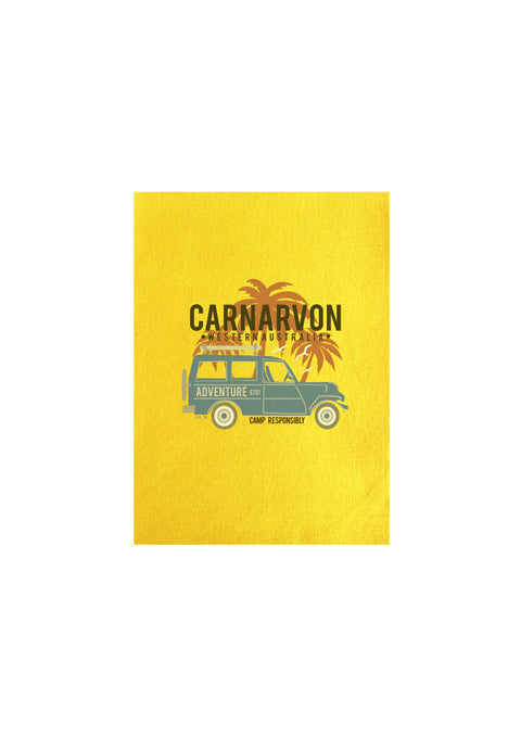 Yellow Tea Towel.  Graphic of a Troop Carrier vehicle with Palm Trees.  Text reads Carnarvon, Western Australia Camp Responsibly.