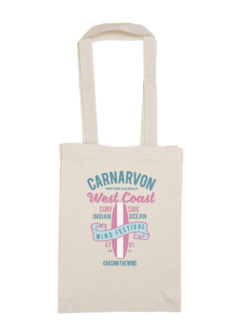 Long Handle Calico Bag, natural colour.  Design in blue and pink.  Surfboard with banner saying Wind Festival.  Text reads Carnarvon Western Australia.  West Coast. Surf Side. Indian Ocean. 6701. Chasing the wind.