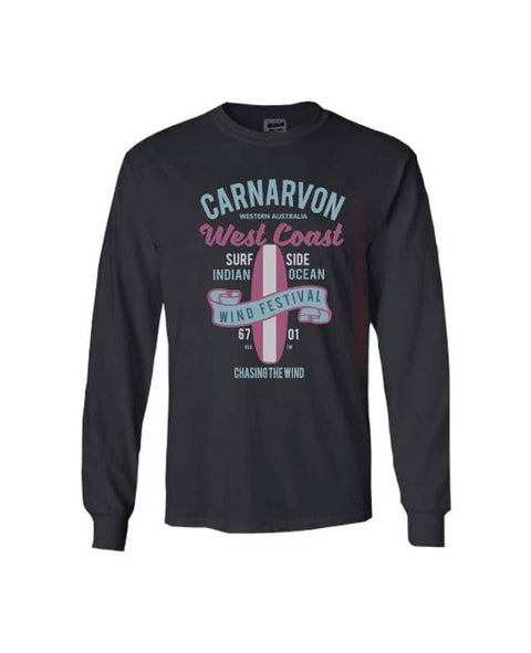 Black long sleeve T Shirt. Design in blue and pink. Surfboard with banner saying Wind Festival. Text reads Carnarvon Western Australia. West Coast. Surf Side. Indian Ocean. 6701. Chasing the wind.