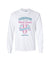 White long Sleeve T Shirt. Design in blue and pink. Surfboard with banner saying Wind Festival. Text reads Carnarvon Western Australia. West Coast. Surf Side. Indian Ocean. 6701. Chasing the wind.