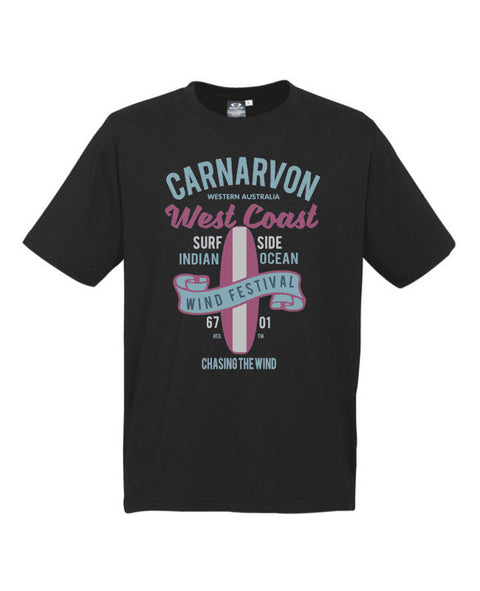 Black Short Sleeve T Shirt. Design in blue and pink. Surfboard with banner saying Wind Festival. Text reads Carnarvon Western Australia. West Coast. Surf Side. Indian Ocean. 6701. Chasing the wind.