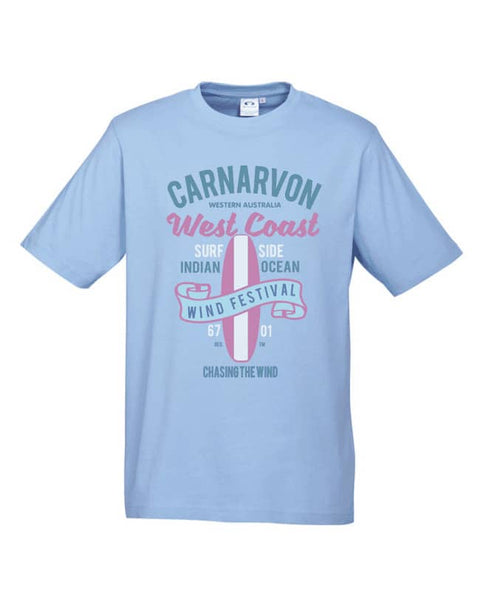 Light Blue Short Sleeve T Shirt. Design in blue and pink. Surfboard with banner saying Wind Festival. Text reads Carnarvon Western Australia. West Coast. Surf Side. Indian Ocean. 6701. Chasing the wind.