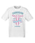 White Short Sleeve T Shirt. Design in blue and pink. Surfboard with banner saying Wind Festival. Text reads Carnarvon Western Australia. West Coast. Surf Side. Indian Ocean. 6701. Chasing the wind.