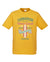 Yellow Kids Short Sleeve T Shirt. Design in blue and pink. Surfboard with banner saying Wind Festival. Text reads Carnarvon Western Australia. West Coast. Surf Side. Indian Ocean. 6701. Chasing the wind.