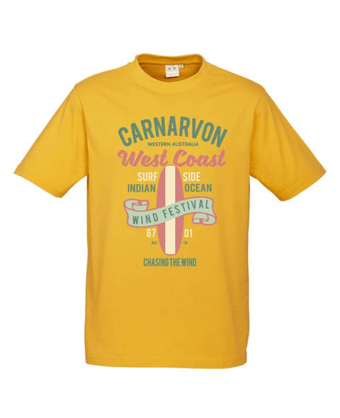 Yellow Short Sleeve T Shirt. Design in blue and pink. Surfboard with banner saying Wind Festival. Text reads Carnarvon Western Australia. West Coast. Surf Side. Indian Ocean. 6701. Chasing the wind.