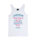 White singlet tank T Shirt. Design in blue and pink. Surfboard with banner saying Wind Festival. Text reads Carnarvon Western Australia. West Coast. Surf Side. Indian Ocean. 6701. Chasing the wind.