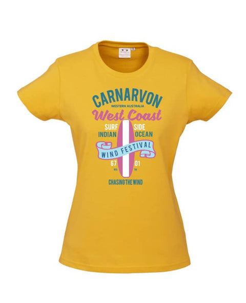 Golden Yellow fitted Short Sleeve T Shirt. Design in blue and pink. Surfboard with banner saying Wind Festival. Text reads Carnarvon Western Australia. West Coast. Surf Side. Indian Ocean. 6701. Chasing the wind.