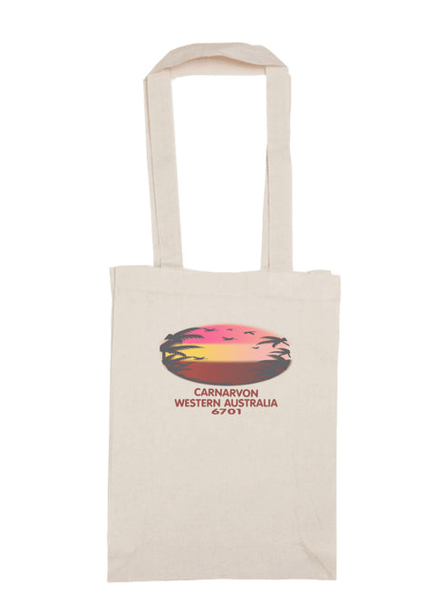 Long Handle Calico Bag, natural colour.  Text in red Carnarvon, Westerm Australia.  Graphic of palm trees and birds in silhouette against a sunset.