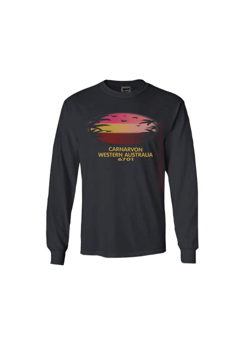 Black Long Sleeve T Shirt. Text in gold. Carnarvon, Westerm Australia. Graphic of palm trees and birds in silhouette against a sunset.