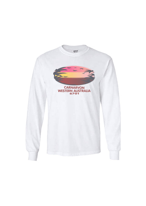 White Long Sleeve T Shirt. Text in red Carnarvon, Westerm Australia. Graphic of palm trees and birds in silhouette against a sunset.