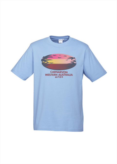 Light Blue Short Sleeve T Shirt. Text in red Carnarvon, Westerm Australia. Graphic of palm trees and birds in silhouette against a sunset.