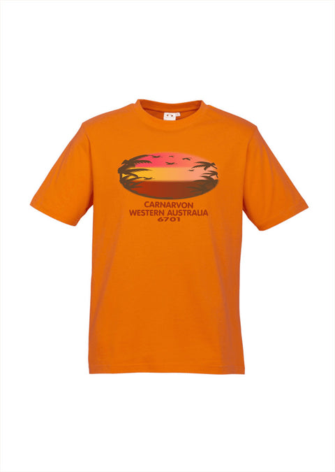 Orange Short Sleeve T Shirt. Text in red Carnarvon, Westerm Australia. Graphic of palm trees and birds in silhouette against a sunset.