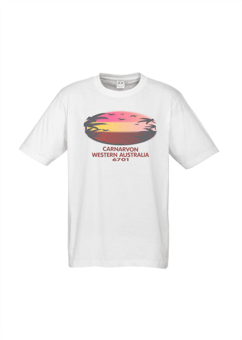 White Short Sleeve T Shirt. Text in red Carnarvon, Westerm Australia. Graphic of palm trees and birds in silhouette against a sunset.