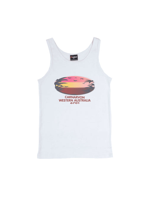 White Singlet T Shirt. Text in red Carnarvon, Westerm Australia. Graphic of palm trees and birds in silhouette against a sunset.