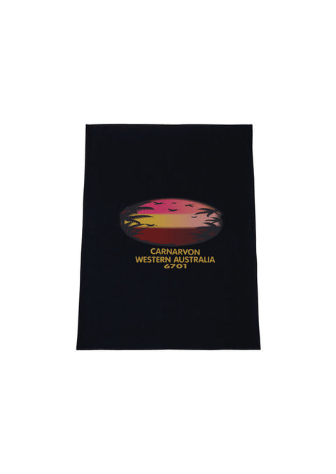 Black Tea Towel. Text in red Carnarvon, Westerm Australia. Graphic of palm trees and birds in silhouette against a sunset.