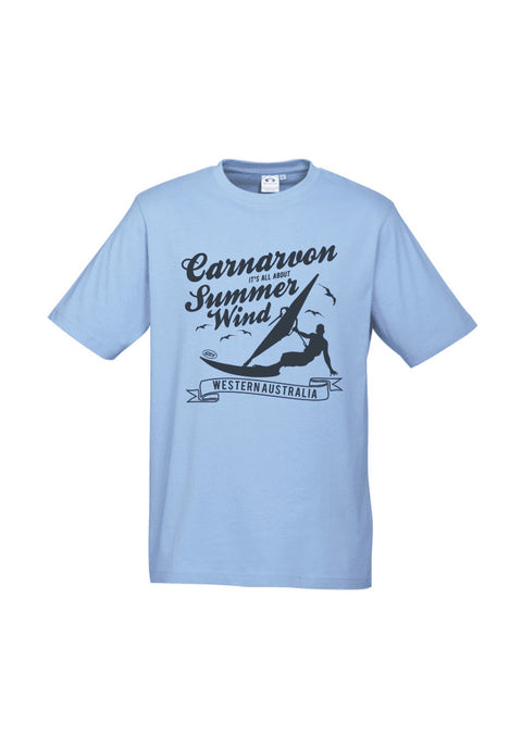 Light Blue Short Sleeve T Shirt.  Design in black.  Graphic is a silhouette of a kite surfer with the text Carnarvon Western Australia.  It's all About the Summer Wind.
