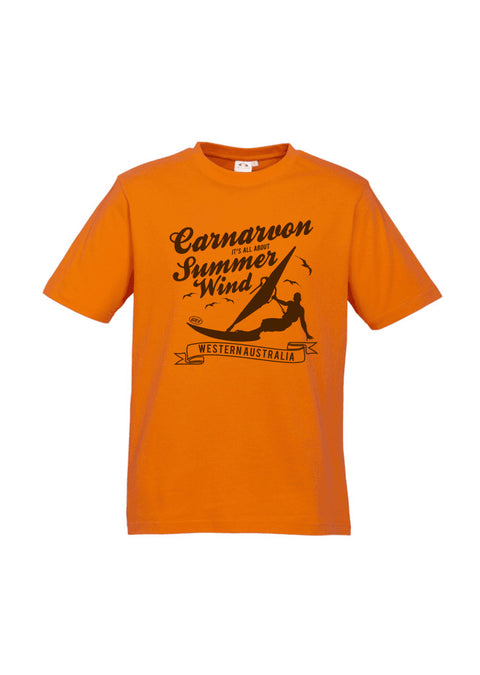Orange Short Sleeve T Shirt.  Design in black.  Graphic is a silhouette of a kite surfer with the text Carnarvon Western Australia.  It's all About the Summer Wind.