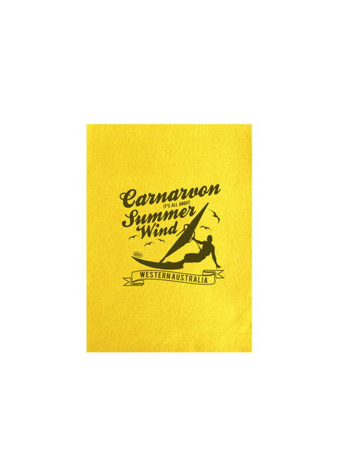 Yellow Tea Towel.  Design in black.  Graphic is a silhouette of a kite surfer with the text Carnarvon Western Australia.  It's all About the Summer Wind.