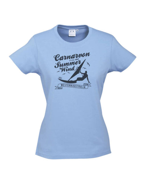 Light Blue fitted short sleeve t-shirt.  Design is in black.  The graphics are of a silhouette of a wind surfer with the text Wind Riders, Carnarvon Western Australia.