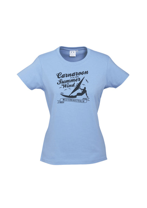 Light Blue fitted short sleeve T-shirt.   Design in black.  Graphic is a silhouette of a kite surfer with the text Carnarvon Western Australia.  It's all About the Summer Wind.