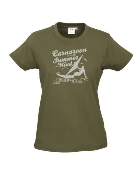 Khaki fitted short sleeve t-shirt.  Design is in black.  The graphics are of a silhouette of a wind surfer with the text Wind Riders, Carnarvon Western Australia.