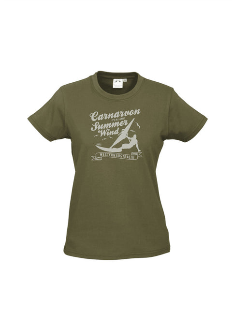 Khaki fitted short sleeve T-shirt.   Design in white.  Graphic is a silhouette of a kite surfer with the text Carnarvon Western Australia.  It's all About the Summer Wind.