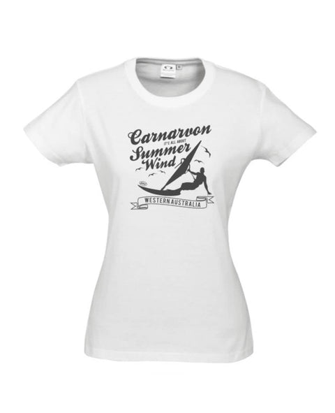 White fitted short sleeve t-shirt.  Design is in black.  The graphics are of a silhouette of a wind surfer with the text Wind Riders, Carnarvon Western Australia.