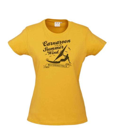 Yellow fitted short sleeve t-shirt.  Design is in black.  The graphics are of a silhouette of a wind surfer with the text Wind Riders, Carnarvon Western Australia.