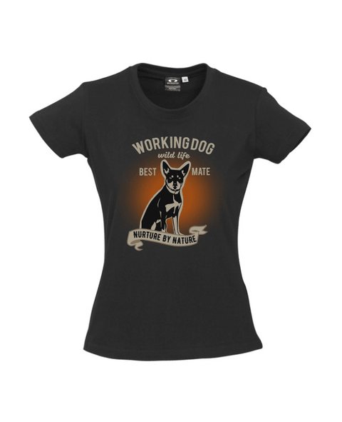 Black fitted short sleeve T Shirt. Graphic of a dog with text reading Working Dog. Wild Life. Best Mate. Nurture by Nature.