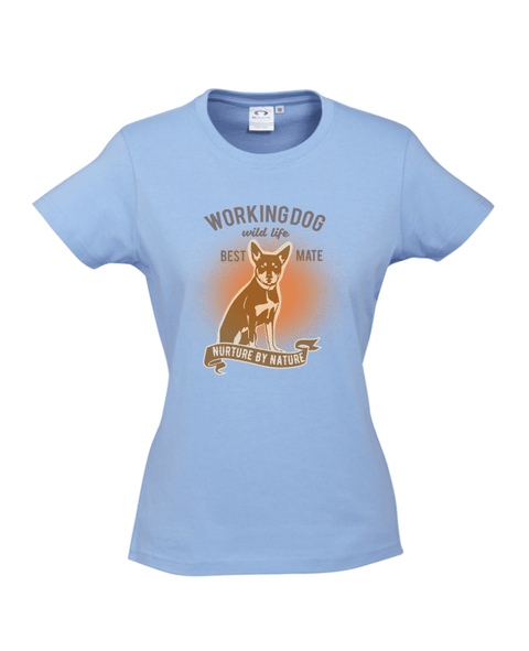 Light Blue fitted short sleeve T Shirt. Graphic of a dog with text reading Working Dog. Wild Life. Best Mate. Nurture by Nature.