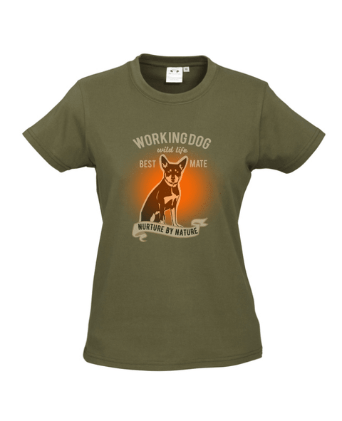 Khaki fitted short sleeve T Shirt. Graphic of a dog with text reading Working Dog. Wild Life. Best Mate. Nurture by Nature.