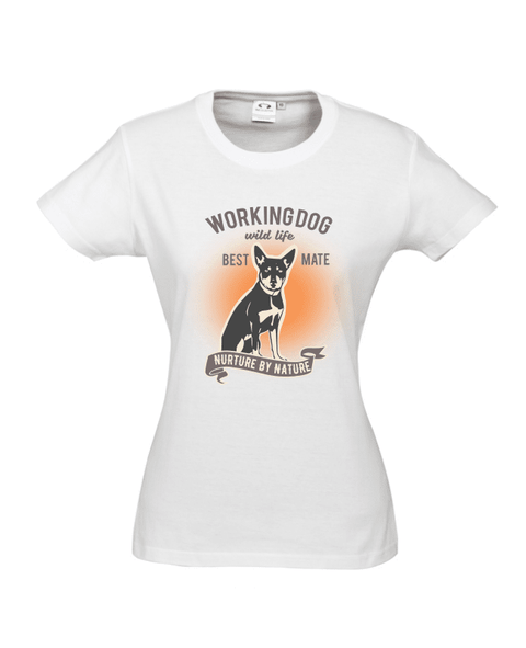 White fitted short sleeve T Shirt. Graphic of a dog with text reading Working Dog. Wild Life. Best Mate. Nurture by Nature.