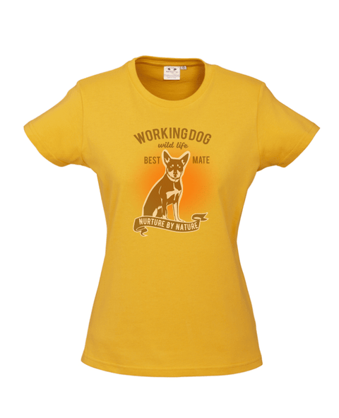 Yellow fitted short sleeve T Shirt. Graphic of a dog with text reading Working Dog. Wild Life. Best Mate. Nurture by Nature.