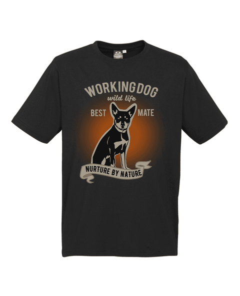 Black Short Sleeve T Shirt. Graphic of a dog with text reading Working Dog. Wild Life. Best Mate. Nurture by Nature.